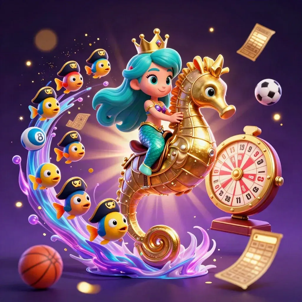 Zeemeermin op gouden zeepaard met neongloed, loterijballen, bingo, vissen en casino-items.