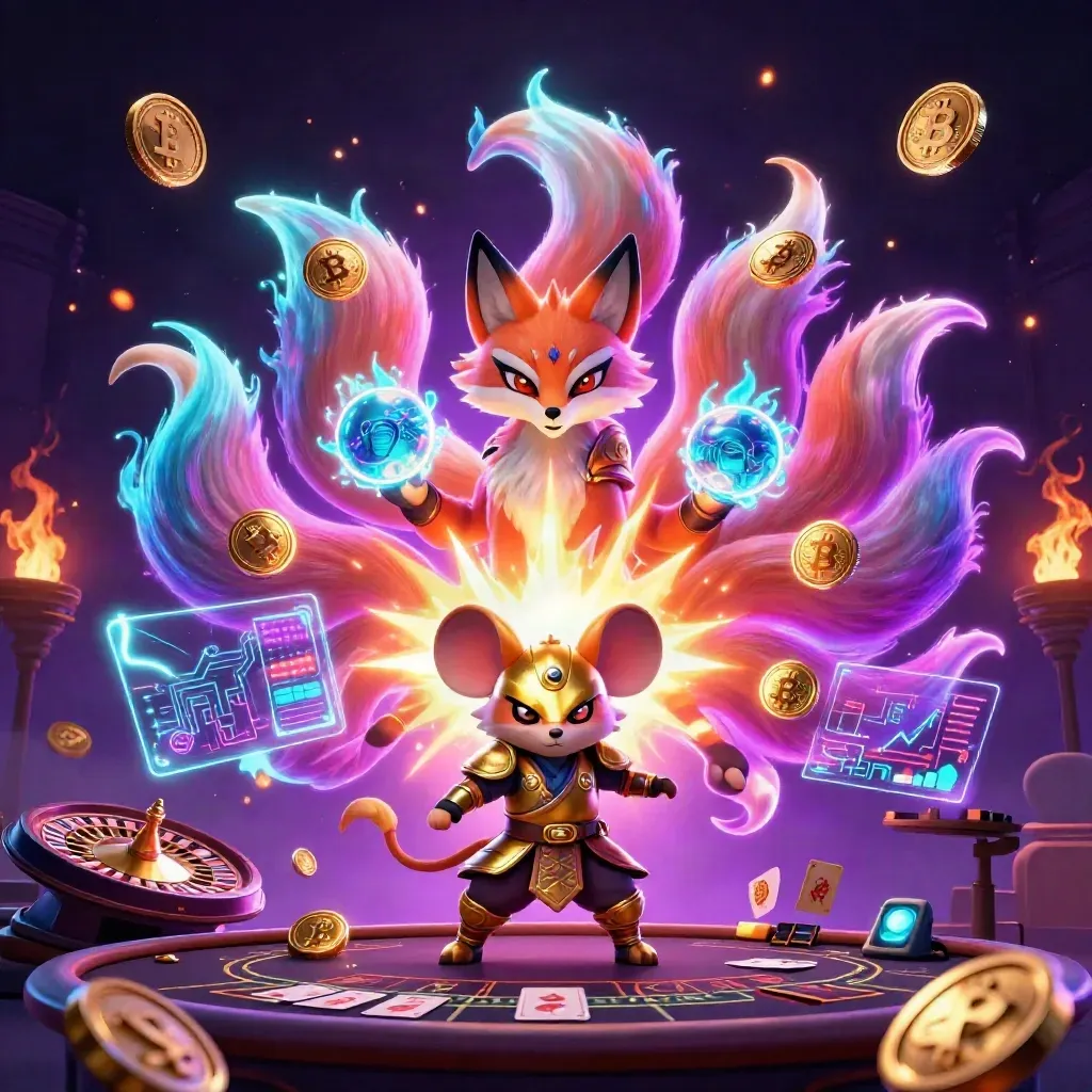 Neonvos met samoerai-muis, zwevende cryptomunten en een luxe casino-achtergrond.