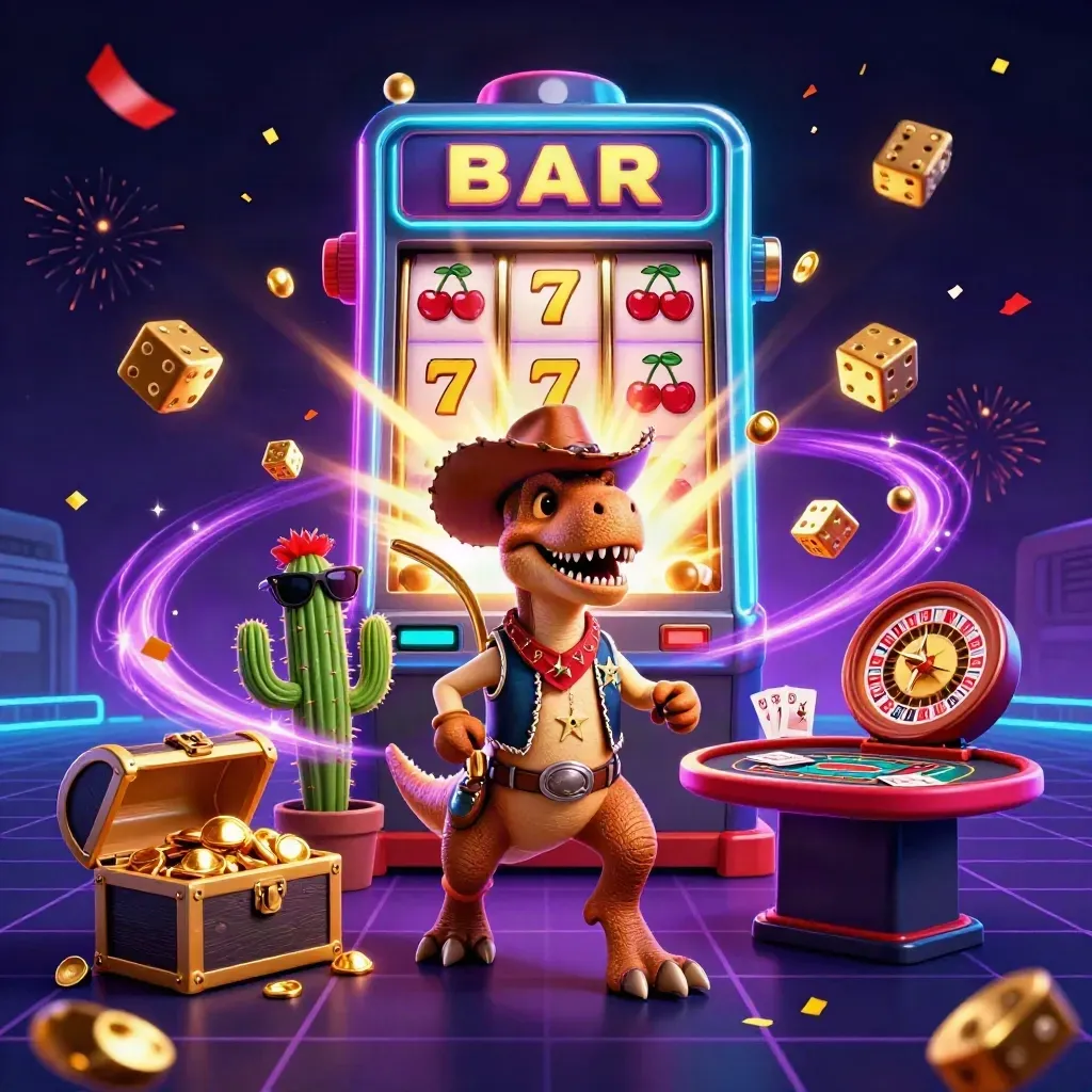 Een cowboy-T-Rex, cactus en roadrunner bij een glanzende slotmachine met goud en neonlicht.