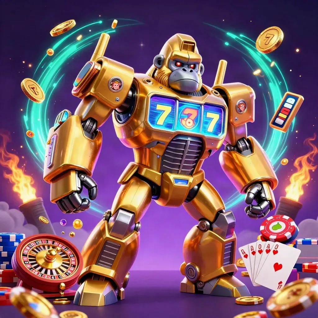 Gouden gorillamech met aappiloot, chips, munten en neoncyan casino-explosie.
