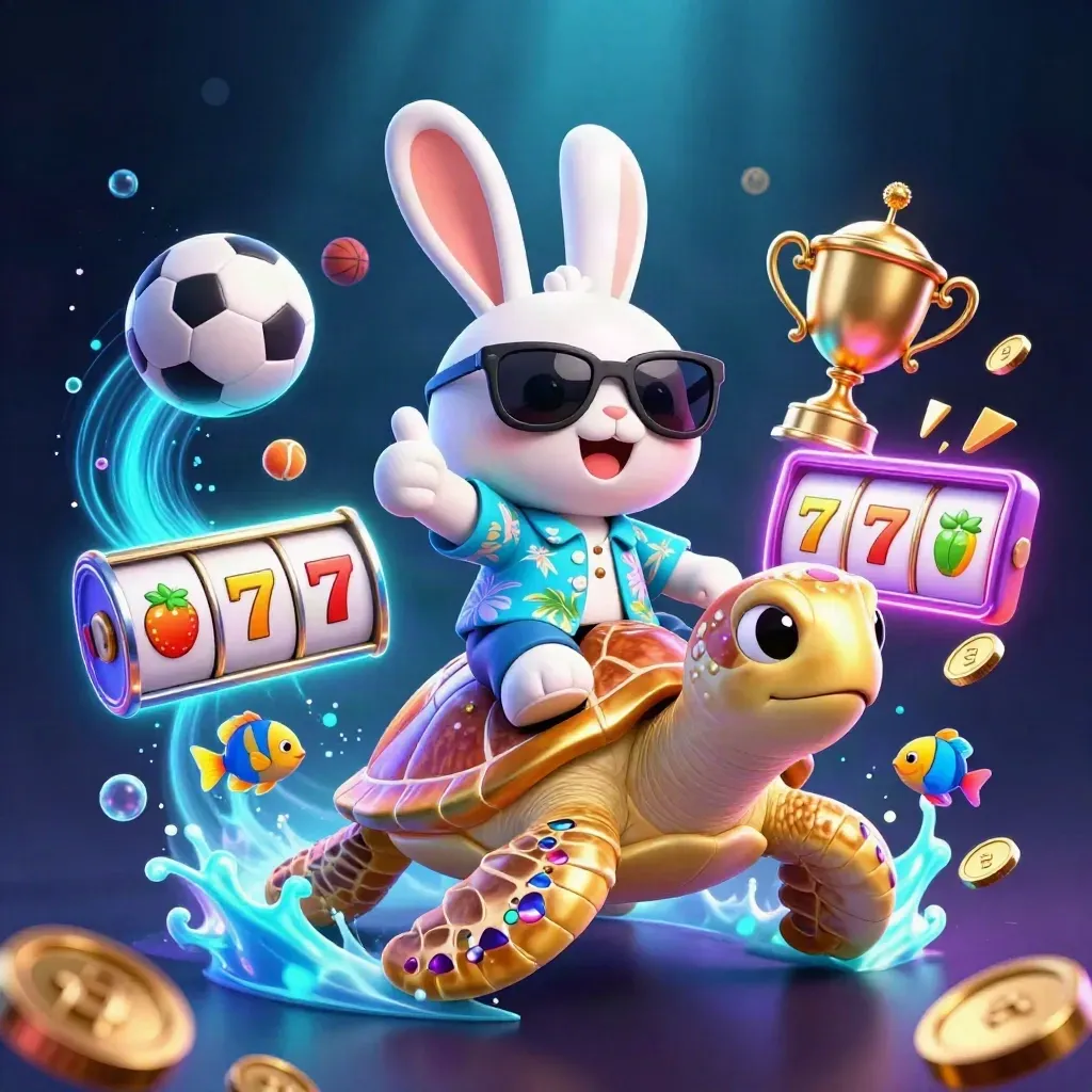Konijn op gouden zeeschildpad met tropische vissen, sportballen en neon casino-glans.