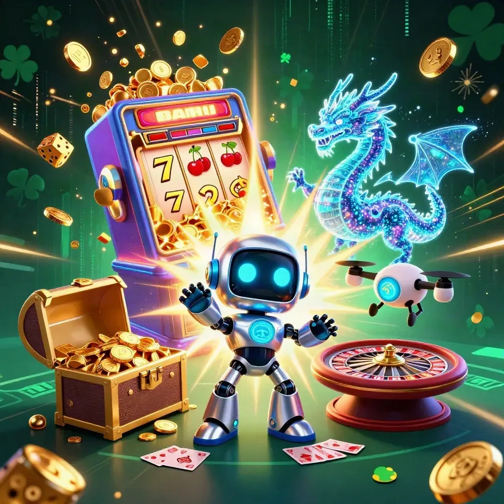 Cyberpunk robot, holografische draak en drone bij een explosie van munten en slots.