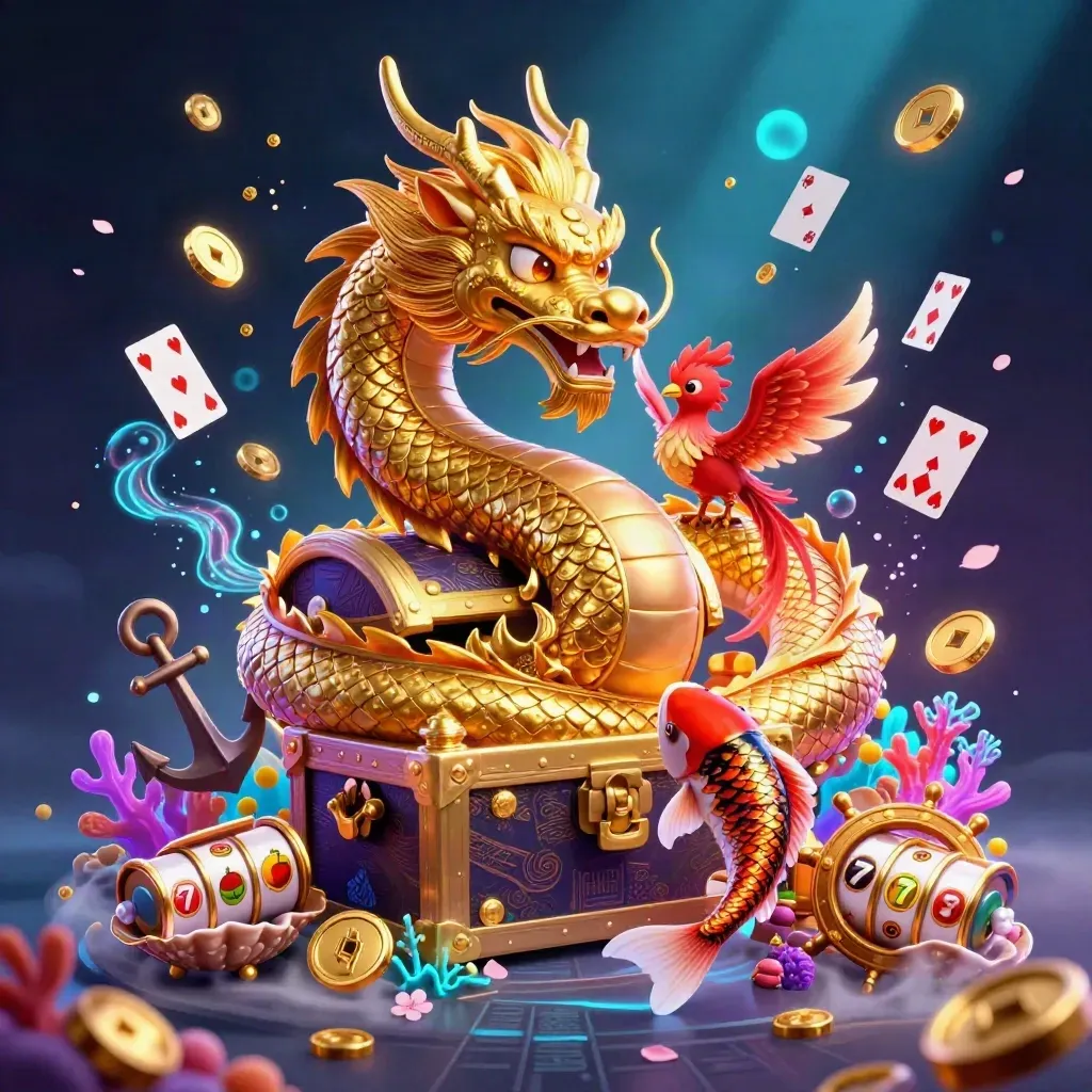 Gouden draak rond schatkist met feniks, koi en neon casino-effecten in donkerblauw.