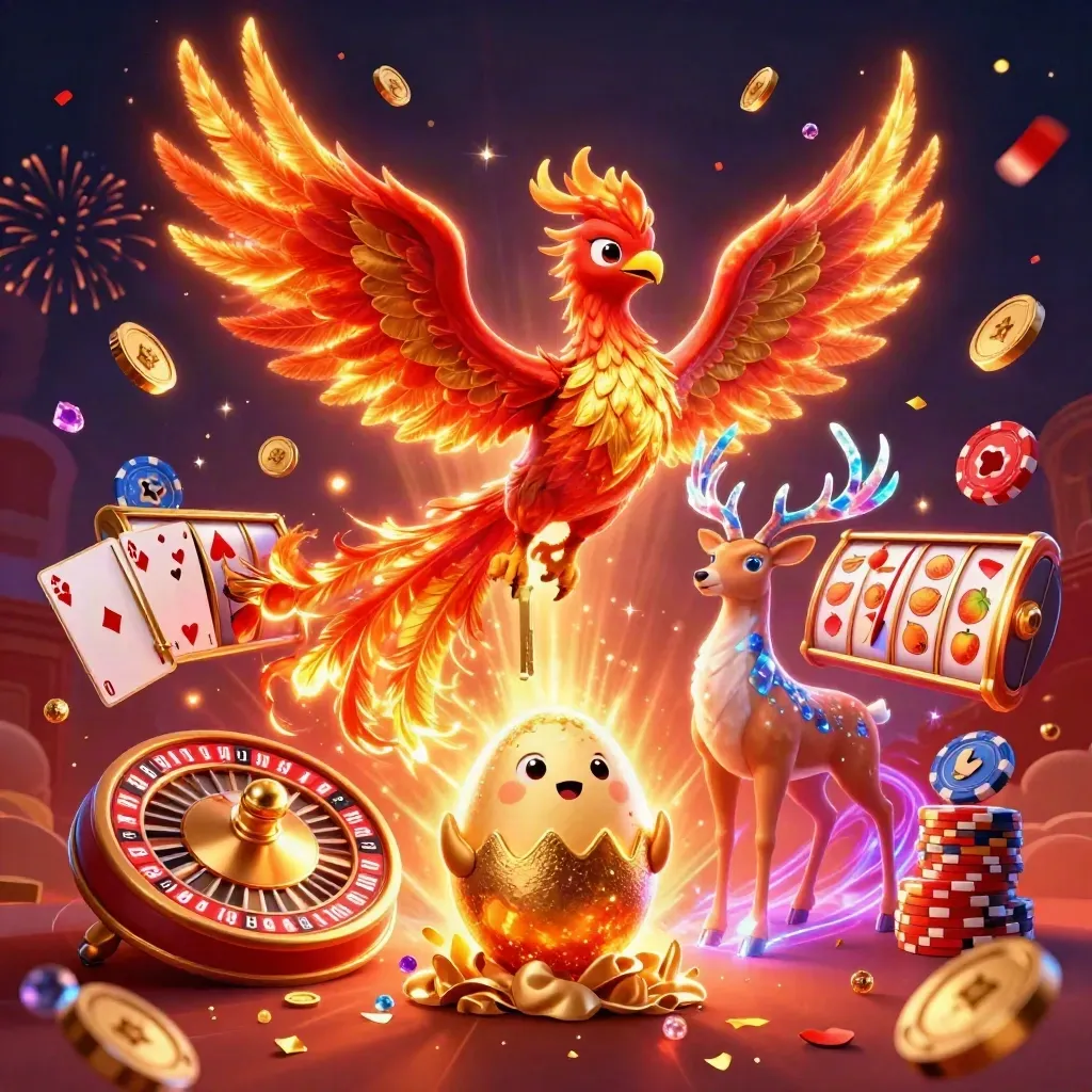 Vurige feniks, hert met kristallen geweien en babyfeniks tussen gouden munten en neon casino-effecten